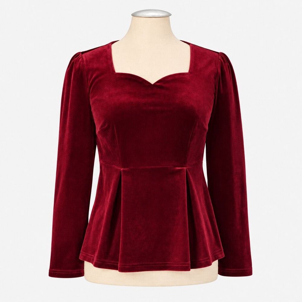 The Pyramid Collection Velvet Sweetheart Long Sleeve Peplum Top Ruby Red L NEW